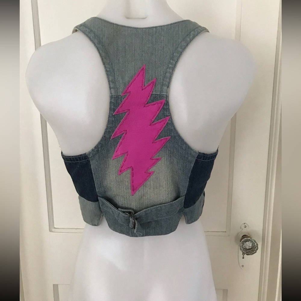 Grateful Dead Style Denim Jean Jacket Vest Pink Lightning Bolt XXS H&M. Fun ⚡️🌹💀